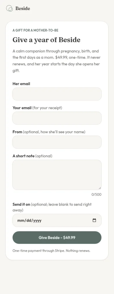 Beside gift screen for giving a year of Beside, with her email, an optional note, and a send date