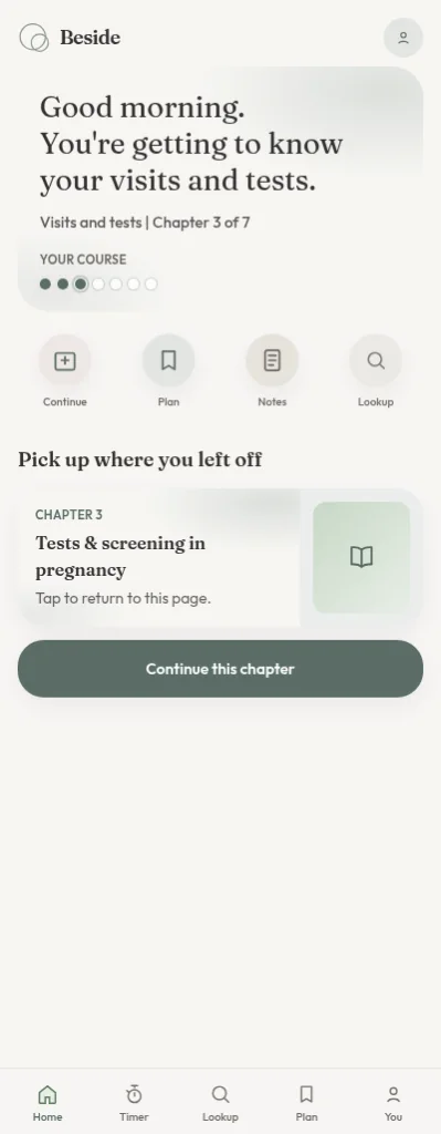 Beside home screen greeting a mom with her course progress and a button to continue Chapter 3