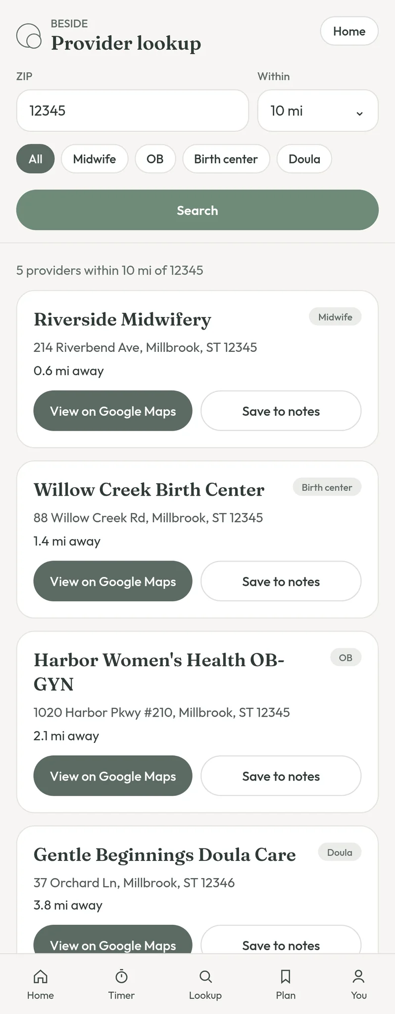Beside provider lookup showing nearby midwives, OB-GYNs, birth centers, and doulas found by ZIP code and radius