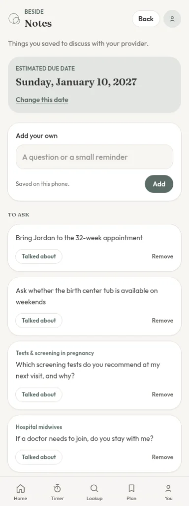 Beside notes screen with saved questions for the provider and a Talked about button on each