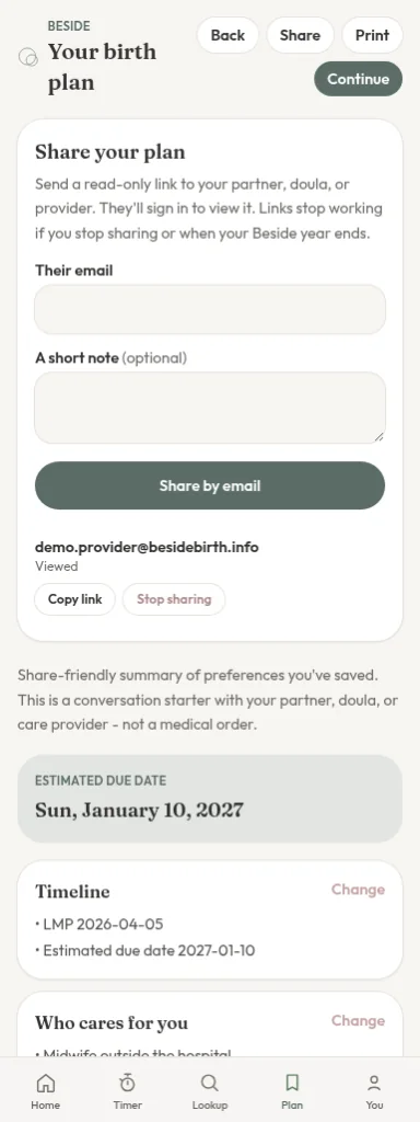Beside share your plan screen with an email field, an optional note, and a copyable share link