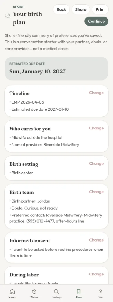 Beside birth plan screen showing the estimated due date, timeline, who cares for you, and birth setting