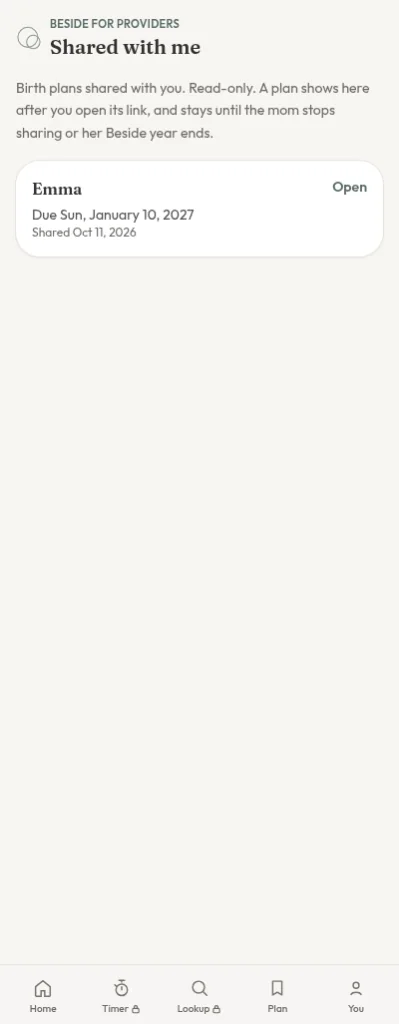Beside Shared with me screen for providers, listing a client birth plan shared with them