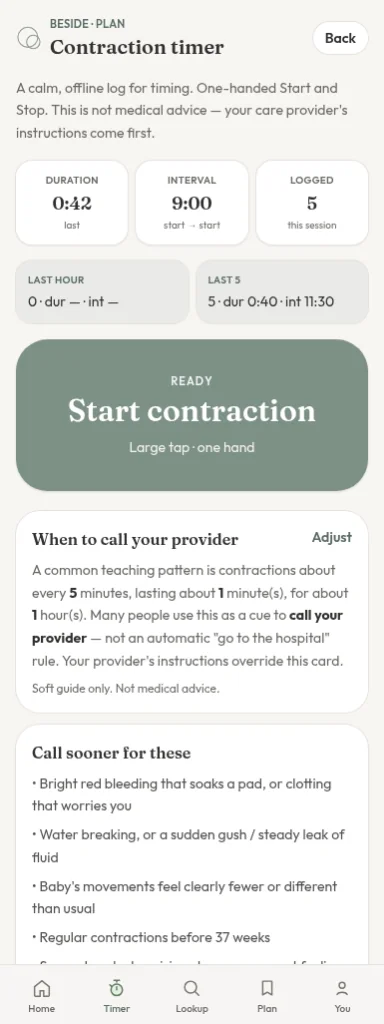 Beside contraction timer showing duration, interval, and count, with a large Start contraction button
